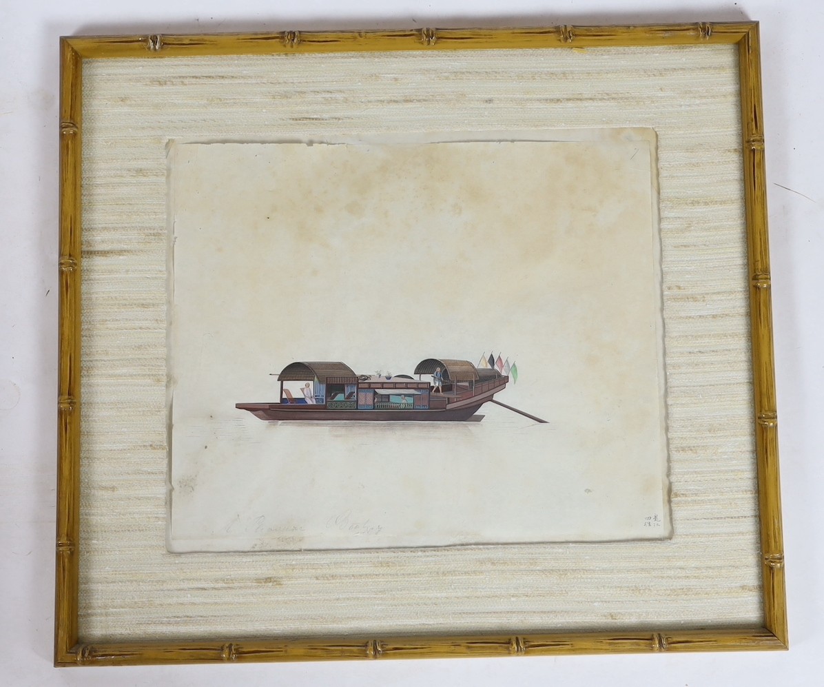 19th century Chinese School, nine gouaches on pith paper, Studies of water-going vessels, inscribed in Chinese and titled in English, giving the names and uses of the various vessels, 29 x 34cm